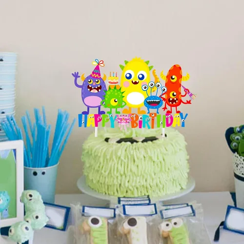 Vista 7 de Decoración de pastel de cumpleaños de monstruo, suministros de fiesta de cumpleaños, decoración de pastel de monstruo pequeño para niños, temática