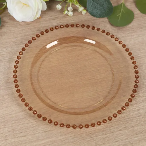 Vista 2 de Efavormart - Paquete de 10 platos de plástico para aperitivos de postre en oro ámbar con borde de cuentas, platos redondos desechables para ensalada