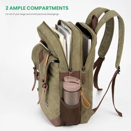 Vista 3 de Modoker Mochila vintage ecológica para hombres y mujeres, mochila de lona que se adapta a la mayoría de computadoras y tabletas de 15.6 pulgadas