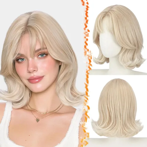 Vista 12 de BARSDAR Synthetic Short Layered Brown Highlights Bob Wig with Wispy Bangs