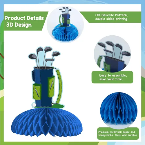 Vista 6 de Cheereveal Decoraciones de fiesta de golf, centros de mesa de panal de golf, decoraciones de papel de mesa 3D para jugar al golf, suministros