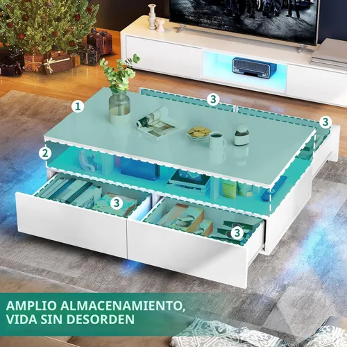 Vista 2 de YITAHOME Mesas de Centro LED para Sala de Estar, Mesa de Centro de Alto Brillo con Almacenamiento de 4 Cajones Deslizantes, Mesa de Centro LED