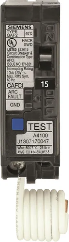 Vista 2 de Siemens QA115AFCP 15-Amp Single Pole 120-volt Combination AFCI Breaker para Enchufe