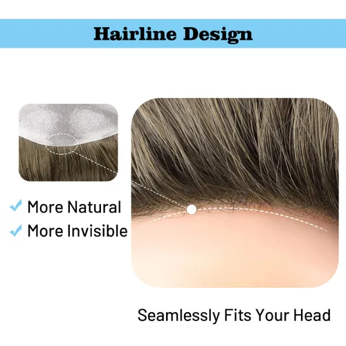 Vista 4 de Toupee para hombres, 8x10 pulgadas 0.002 in piel sintética fina para hombre, cabello humano tipo tupé, rubio sucio para hombre, peluca de cabello