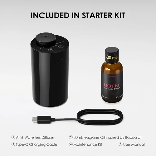 Vista 6 de Airversa Waterless Essential Oil Diffuser Starter Kit with 30mL Hotel Fragrance Oil Inspired by BaCRT, Battery Operated Car Diffuser, Portable Aroma