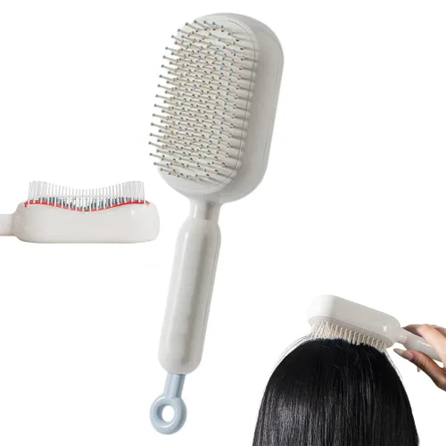 Vista 8 de Peine de masaje con cojín retráctil, cepillo para el cabello con cerdas retráctiles, peine retráctil para desenredar, cepillo de pelo autolimpiante