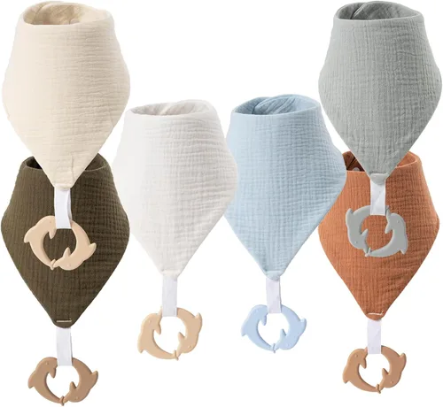 Vista 9 de Baberos de dentición para bebé, paquete de 6 con mordedor acoplable, 100% algodón orgánico, baberos súper absorbentes y suaves 6-Pack Muslin Baby