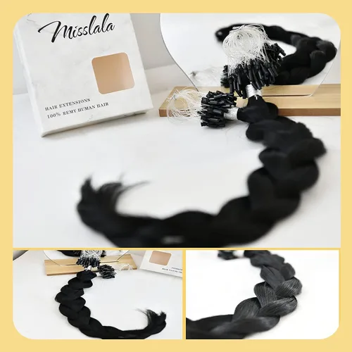 Vista 8 de Extensiones de cabello humano microlink de 16 pulgadas, extensiones de cabello natural suave de microcuentas, color #1 negro azabache, 100% cabello