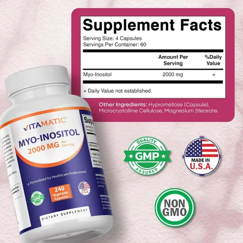 Vista 2 de Vitamatic Myo-inositol 2000 mg por porción – 240 cápsulas vegetales – 60 porciones – Sin OMG, sin gluten – Fabricado en Estados Unidos