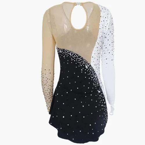 Vista 2 de Vestido de competición de patinaje sobre hielo para adultos, patrones blancos y negros para coser, manga larga, vestido de patinaje artístico