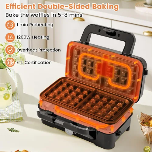 Vista 9 de BECOMFORT Máquina de gofres 3 en 1, prensa de sándwich con 3 placas antiadherentes extraíbles, luces indicadoras, mango de tacto frío, sandwich