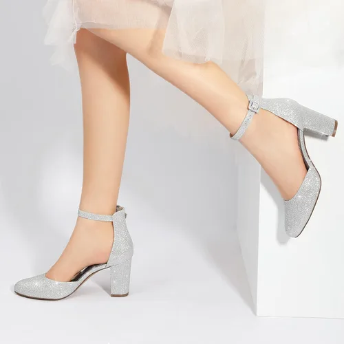 Vista 3 de Ankis Tacones cerrados para mujer, negro, nude, blanco, plateado, dorado, tacones cerrados con punta redonda y bloque grueso, 3 pulgadas