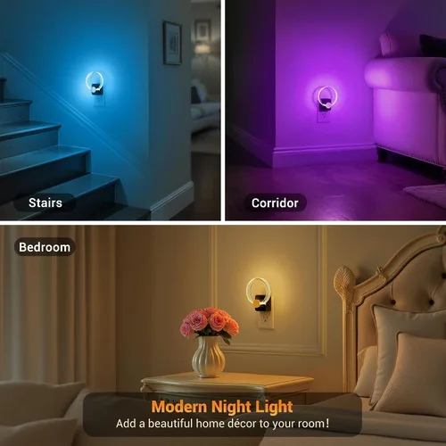 Vista 5 de JandCase Luz Nocturna, Luces Nocturnas Cambiantes de Color Enchufables en la Pared, Luz Nocturna RGB con Sensor de Luz, Luz Nocturna Enchufable