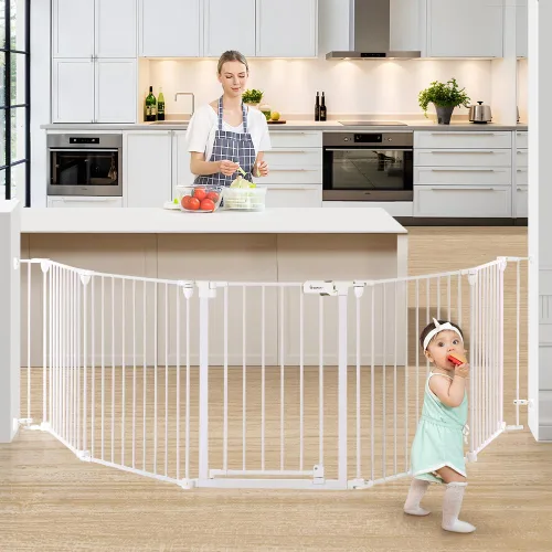 Vista 8 de COMOMY Puerta de bebé extra ancha de 80 pulgadas, puerta para perros para escaleras de casa, chimenea, puerta de mascotas de cierre automático