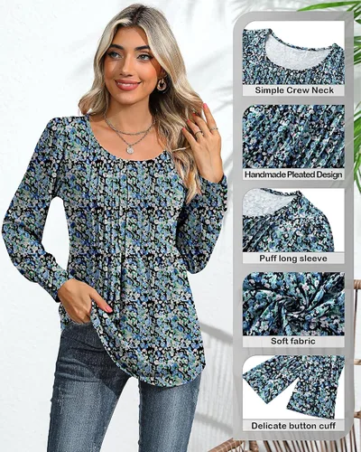 Vista 4 de Blusa plisada de manga larga abombada para mujer, cuello redondo, elegante, casual, holgada, para verano y otoño