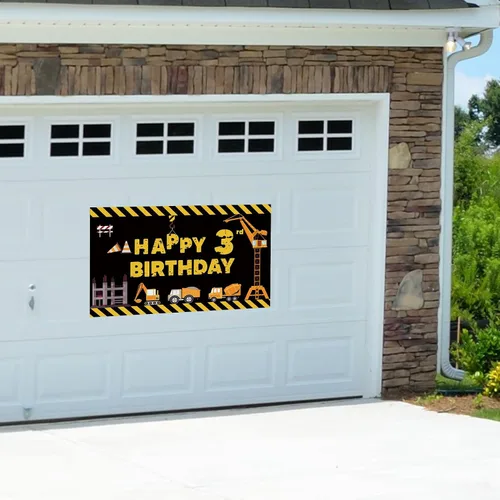Vista 6 de Joyiou Cartel de fondo de decoración de feliz tercer cumpleaños con tema de construcción para niños y niños, tres años de edad, camión volquete