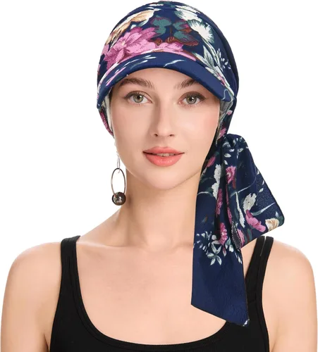 Vista 32 de ZLYC Gorro de quimioterapia para mujer, visera para la cabeza, bufanda preatada, gorra ligera de calavera Blanco sólido