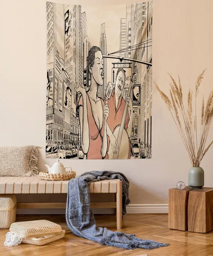 Vista 34 de Ambesonne Tapiz verde, fases lunares alrededor de un árbol de la vida, impresión de diseño bohemio de astrología nocturna, decoración de tela