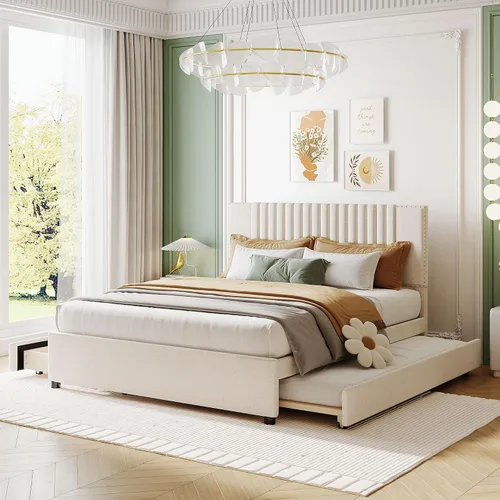 Vista 11 de MERITLINE Base de cama de tamaño matrimonial de madera con nido y cajones de almacenamiento, plataforma tapizada con cabecera y soporte de listones