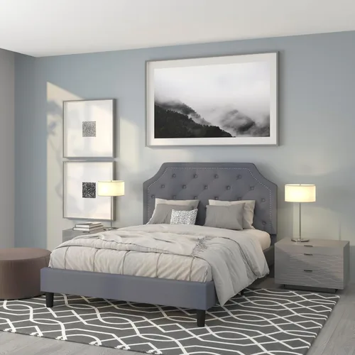 Vista 20 de EMMA + OLIVER Base de cama tapizada con diseño arqueado y diseño capitoné en tela beige