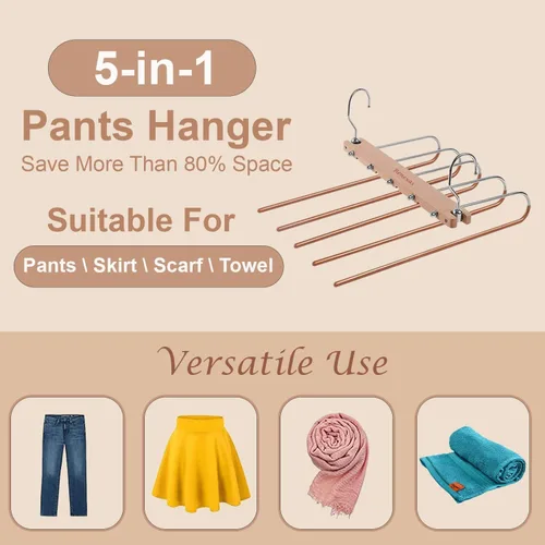 Vista 4 de Perchas para pantalones que ahorran espacio, paquete de 2 – 5 capas antideslizantes de madera multi pantalones perchas ahorro de espacio, diseño