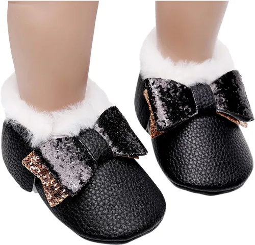 Vista 2 de Botas para niños caminantes para niñas con lazo de nieve para primer bebé zapatos anchos de felpa para bebé color negro 0-3 meses