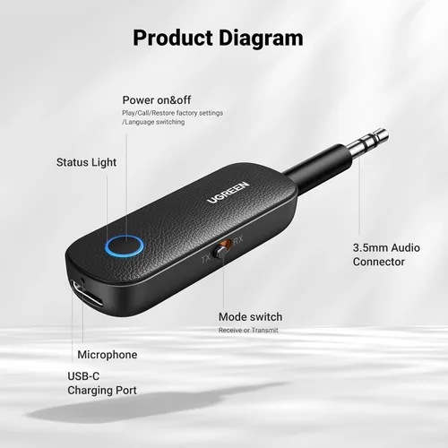 Vista 13 de UGREEN Transmisor Receptor Bluetooth para 2 AirPods o Dispositivos BT, Transmisor Inalámbrico Bluetooth para Auriculares, Adaptador de Audio