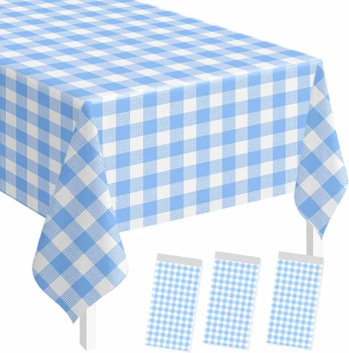 Vista 8 de SietDESEO - Paquete de 2 manteles a cuadros azul y blanco, 54 x 108 pulgadas, mantel premium desechable de plástico para picnic, diseño gingham