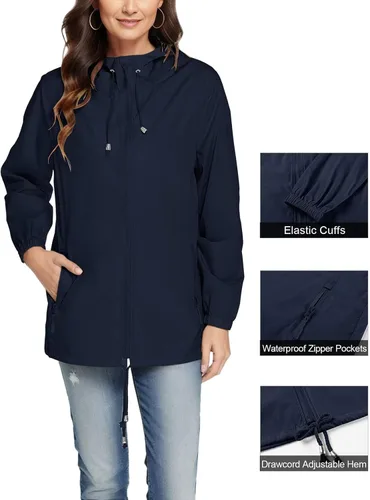 Vista 2 de Chaqueta de lluvia ligera con capucha para mujer, cremallera completa, resistente al viento, cálida, impermeable, rompevientos, deportiva, abrigo