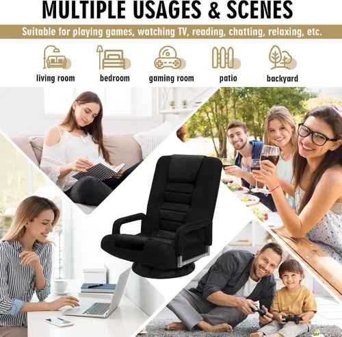 Vista 9 de Silla de juegos giratoria de piso con reposabrazos, sofá reclinable plegable de video con 6 posiciones ajustables, respaldo acolchado y cojín, sofá