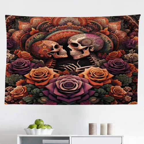 Vista 44 de Ambesonne Tapiz verde, fases lunares alrededor de un árbol de la vida, impresión de diseño bohemio de astrología nocturna, decoración de tela