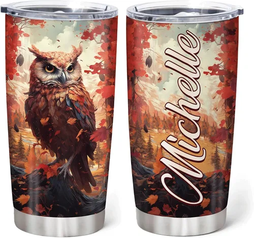 Vista 9 de Hyturtle Vaso personalizado para amantes de los búhos, vaso de café de acero inoxidable con nombre personalizado, 20 onzas con tapa, ideal como