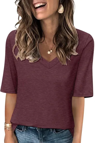 Vista 29 de Minetom Camisetas de verano básicas de media manga con cuello en V para mujer