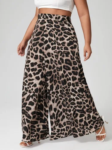 Vista 3 de WDIRARA Pantalones de mujer con estampado de leopardo y pierna ancha y cremallera trasera