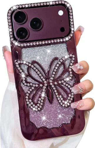 Vista 22 de Bonoma Funda con purpurina para iPhone 13 Pro Max, bonita funda 3D con patrón de chapado en degradado de mariposa de diamante, protección de cámara