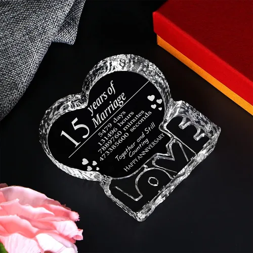 Vista 3 de KWOOD Cristal grabado personalizado en forma de corazón, regalo de boda de 15 aniversario para parejas, esposa, novia, marido, novio (15 aniversario)