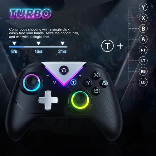 Vista 4 de Dinosoo RGB Wireless Controller for Nintendo Switch 2/1 Lite/OLED, PC Bluetooth Games Controller, Turbo, Macro, 6 Gyro Axis, 4 Vibration Motors