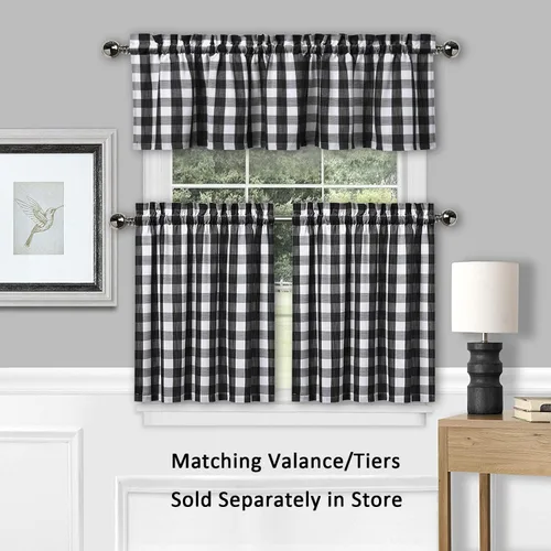Vista 6 de Amzdecor Cortina de lino con cenefa a cuadros blancos y negros, con bolsillo para barra, rústica, para cocina, sala de estar, dormitorio, 1 panel