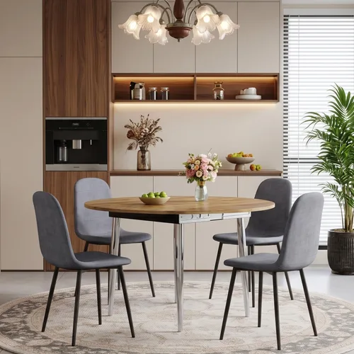 Vista 19 de FURNITO Juego de mesa de comedor de madera para 4, mesa extensible redonda a ovalada de 42 a 54 pulgadas con 4 sillas de tela, juego de comedor 4