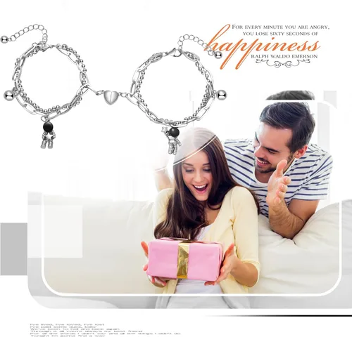 Vista 5 de Axbuldo 2PCS Couple Bracelets for Women Men Space Astronaut Pendants Promise Friendship Bracelet Stainless Steel Mutual Attraction Matching