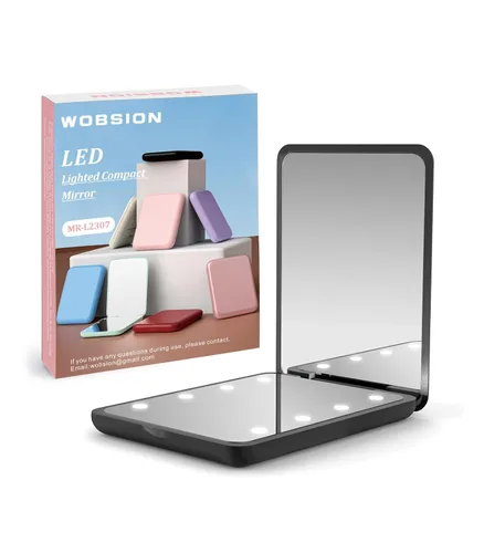 Vista 8 de WOBSION Espejo pequeño con luces, espejo de maquillaje compacto LED, mini espejo de viaje 1x/3x con aumento, portátil para bolso, bolsillo, regalos