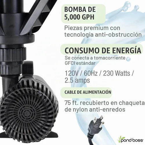 Vista 5 de pond boss Fuente flotante PRO con luces, 1/2 hp, bomba 5000 GPH
