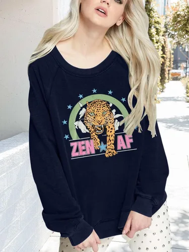Vista 4 de Sudadera gráfica para mujer, manga larga, casual, cuello redondo, ajuste holgado