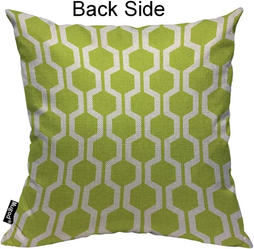 Vista 2 de Mugod Almohada con patrón hexagonal, diseño geométrico, enrejado, polígono, verde lima y blanco, algodón y lino, funda de cojín cuadrada estándar