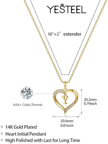 Vista 6 de Collar con inicial de corazón para mujer, chapado en oro de 14 quilates, collar con dije de corazón con circonita cúbica, delicado collar con dije