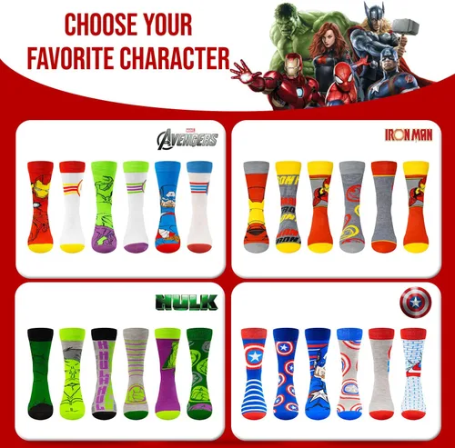 Vista 5 de Marvel Calcetines Legends para niños y hombres, paquete de 6 calcetines para hombres y niños, calcetines atléticos para hombres, calcetines