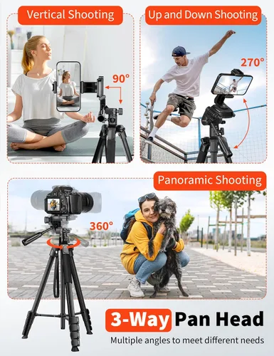 Vista 3 de Nineigh Soporte de trípode para teléfono de 75", trípode superior para iPhone con control remoto, montaje horizontal portátil para video