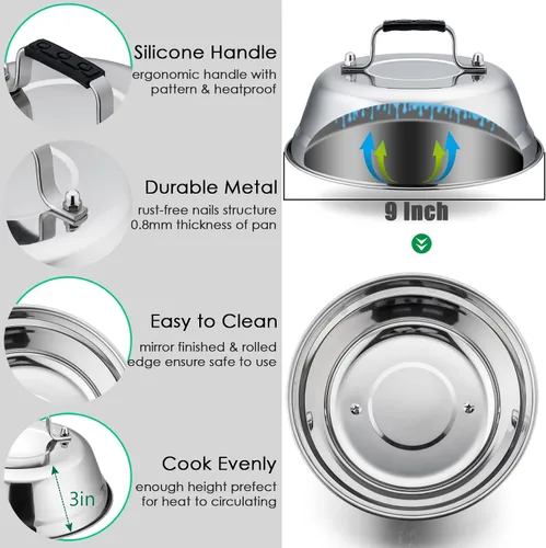 Vista 3 de HaSteeL - Juego de 3 cúpula de fusión de queso, cubiertas redondas de acero inoxidable para vaporizar, accesorios profesionales para parrilla