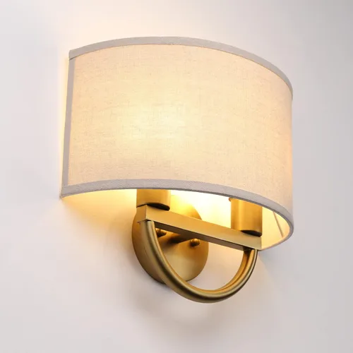 Vista 2 de Aplique de pared industrial de 2 luces con pantalla de tela de lino, lámparas de pared doble decoración para pasillo, dormitorio, sala de estar Latón
