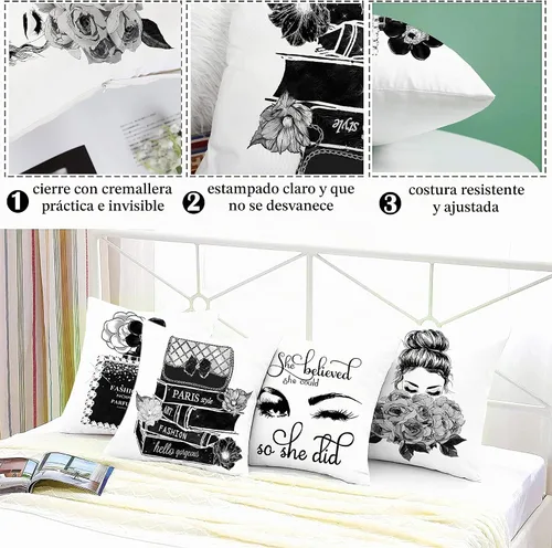 Vista 4 de Juego de 4 fundas de almohada decorativas para sofá cama de 18 x 18 pulgadas, fundas de almohada blancas y negras, fundas de almohada a la moda